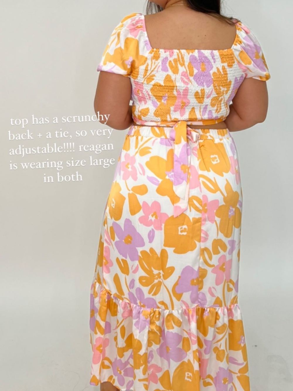 Floral Ruffle Hem Midi Skirt and Wrap Top- Pink, Orange & Lavender - Picture 7 of 8